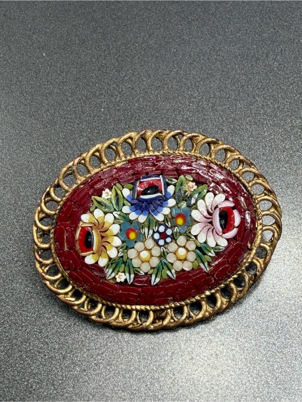Vintage Red Mosaic Floral Brooch #37mo